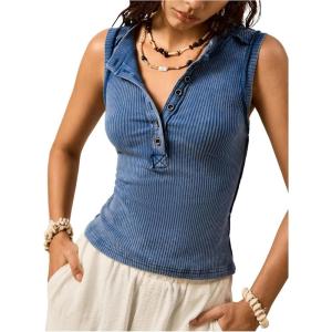 image:imageMakeMeChic Womens Sleeveless Henley Shirt Button Down Crew Neck Fitted Tee TopsBlue