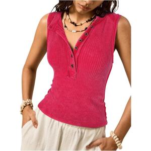 image:imageMakeMeChic Womens Sleeveless Henley Shirt Button Down Crew Neck Fitted Tee TopsRed