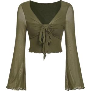 image:imageMakeMeChic Womens Spring Mesh Bell Sleeve Top Y2K Sheer Tie Front Crop Tops Tee ShirtArmy Green