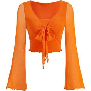 image:imageMakeMeChic Womens Spring Mesh Bell Sleeve Top Y2K Sheer Tie Front Crop Tops Tee ShirtOrange