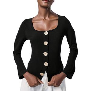 image:imageMakeMeChic Womens Square Neck T Shirt Gold Button Long Sleeve Tee Tops Old Money ClothesBlack