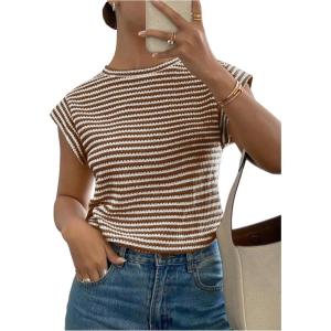 image:imageMakeMeChic Womens Striped Crochet Cap Sleeve Tops Casual Short Sleeve Crewneck Knit Shirts Summer Going Out TopsBrown