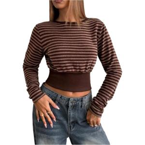 image:imageMakeMeChic Womens Striped Long Sleeve Crop Tops Crew Neck Long Sleeve Y2K Tee ShirtsCoffee Brown