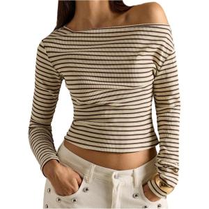 image:imageMakeMeChic Womens Striped Long Sleeve Shirt Asymmetrical Tops Fall Going Out TopsMulticolor