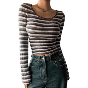image:imageMakeMeChic Womens Striped Long Sleeve Shirts Scoop Neck Tops Slim Fit Rib Knit Fall Basic TeeBrown