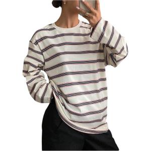 image:imageMakeMeChic Womens Striped Long Sleeve T Shirt Crew Neck Fall Going Out TopsWhite