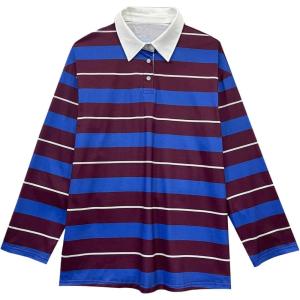 image:imageMakeMeChic Womens Striped Long Sleeve Tee Shirts Collar Neck Button Front Y2K Rugby ShirtsBlue and Brown