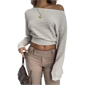 image:imageMakeMeChic Womens Striped Off The Shoulder Crop Tops Long Sleeve Asymmetrical Neck Y2K Tee ShirtApricot