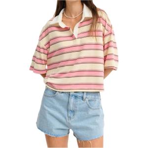 image:imageMakeMeChic Womens Striped Rugby Shirt Tops Half Sleeve Button Up Preppy Tee Tops StreetwearPink