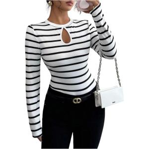 image:imageMakeMeChic Womens Striped Shirt Crew Neck Cut Out Tops Long Sleeve Fitted Fashion T ShirtsMulticolor