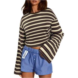 image:imageMakeMeChic Womens Striped Shirt Long Bell Sleeve Crew Neck Basic Going Out TopsCoffee Brown