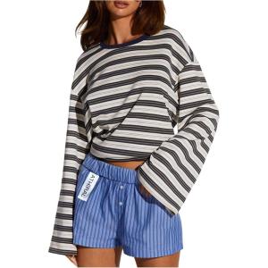 image:imageMakeMeChic Womens Striped Shirt Long Bell Sleeve Crew Neck Basic Going Out TopsMulticolor