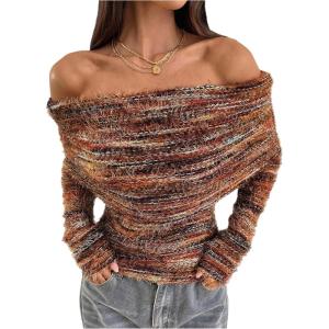 image:imageMakeMeChic Womens Striped Sweater Off The Shoulder Long Sleeve Tops Y2k Fuzzy Going Out TopsBrown