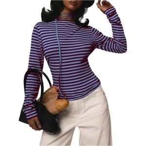image:imageMakeMeChic Womens Striped Sweatshirt Crew Neck Long Sleeve Knit T Shirt Tops with ScarfBlue