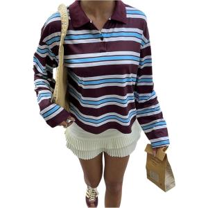 image:imageMakeMeChic Womens Striped T Shirts Button Up Collar Long Sleeve Preppy Rugby Shirt TopsCoffee Brown