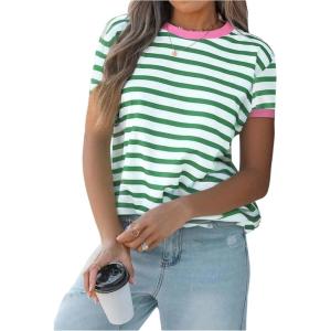 image:imageMakeMeChic Womens Summer Short Sleeve Striped Shirt Crewneck Fashion Colourful Shirts Going Out Spring Clothes Basic BlousesMulticolor