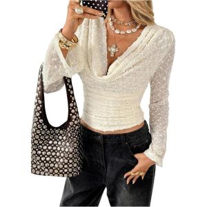 image:imageMakeMeChic Womens Swiss Dots Cowl Neck Tops Long Sleeve Ruched Business Crop Tee ShirtApricot