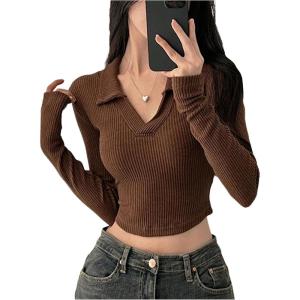 image:imageMakeMeChic Womens V Neck T Shirts Collared Long Sleeve Rib Knit Fitted Y2k Crop TopsRust Brown