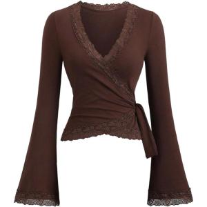 image:imageMakeMeChic Womens Wrap Blouse Pilates Workout Top Lace Trim Bell Sleeve V Neck ShirtBrown