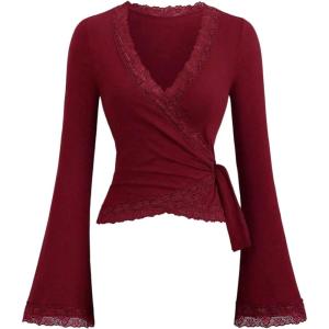image:imageMakeMeChic Womens Wrap Blouse Pilates Workout Top Lace Trim Bell Sleeve V Neck ShirtBurgundy