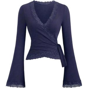 image:imageMakeMeChic Womens Wrap Blouse Pilates Workout Top Lace Trim Bell Sleeve V Neck ShirtRoyal Blue