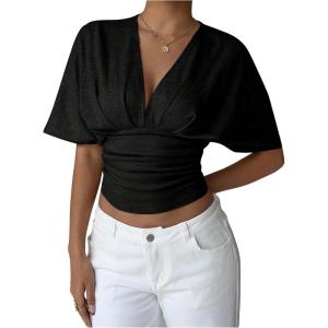 image:imageMakeMeChic Womens Y2k Crop Tops Deep V Neck Dolman Sleeve Tops Cute Summer T Shirt Going Out TopsBlack