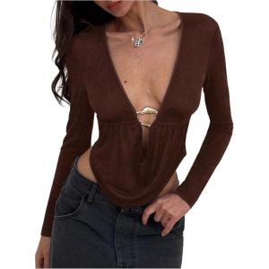 image:imageMakeMeChic Womens Y2k Deep V Neck Top Asymmetrical Cowl Neck Long Sleeve Going Out Tops T ShirtCoffee Brown