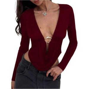 image:imageMakeMeChic Womens Y2k Deep V Neck Top Asymmetrical Cowl Neck Long Sleeve Going Out Tops T ShirtRed