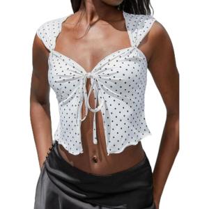 image:imageMakeMeChic Womens Y2k Polka Dots Crop Tank Tie Front Split Sleeveless TopsWhite
