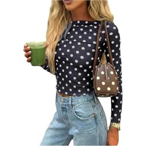 image:imageMakeMeChic Womens Y2k Polka Dots T Shirts Boat Neck Long Sleeve Fitted Going Out TopsBlue