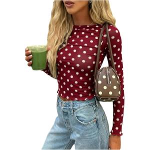 image:imageMakeMeChic Womens Y2k Polka Dots T Shirts Boat Neck Long Sleeve Fitted Going Out TopsBurgundy