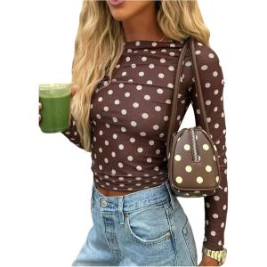 image:imageMakeMeChic Womens Y2k Polka Dots T Shirts Boat Neck Long Sleeve Fitted Going Out TopsCoffee Brown