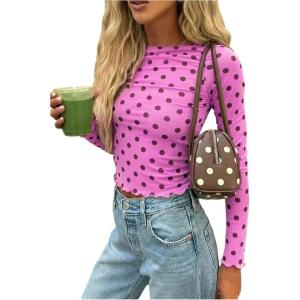 image:imageMakeMeChic Womens Y2k Polka Dots T Shirts Boat Neck Long Sleeve Fitted Going Out TopsHot Pink