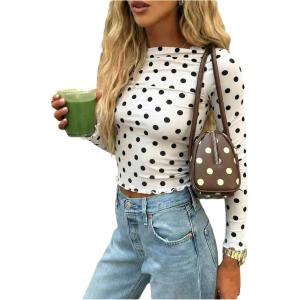 image:imageMakeMeChic Womens Y2k Polka Dots T Shirts Boat Neck Long Sleeve Fitted Going Out TopsWhite