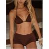 image:imageMakeMeChic Womens Bikini with Shorts Striped Bikini Set Halter Triangle Tie Backless Y2K SwimsuitChocolate Brown