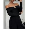 image:imageMakeMeChic Womens Elegant Off The Shoulder Tops Metallic 3D Floral Shirt Long Sleeve Bodysuit LeotardBlack