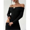 image:imageMakeMeChic Womens Elegant Off The Shoulder Tops Metallic 3D Floral Shirt Long Sleeve Bodysuit LeotardBlack