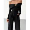 image:imageMakeMeChic Womens Elegant Off The Shoulder Tops Metallic 3D Floral Shirt Long Sleeve Bodysuit LeotardBlack