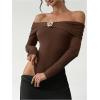 image:imageMakeMeChic Womens Elegant Off The Shoulder Tops Metallic 3D Floral Shirt Long Sleeve Bodysuit LeotardCoffee Brown