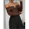 image:imageMakeMeChic Womens Elegant Off The Shoulder Tops Metallic 3D Floral Shirt Long Sleeve Bodysuit LeotardCoffee Brown