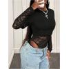 image:imageMakeMeChic Womens Floral Lace Tee Bodysuit Long Sleeve Crew Neck Sheer Leotard Tee TopsBlack