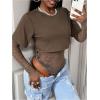 image:imageMakeMeChic Womens Floral Lace Tee Bodysuit Long Sleeve Crew Neck Sheer Leotard Tee TopsKhaki