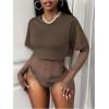 image:imageMakeMeChic Womens Floral Lace Tee Bodysuit Long Sleeve Crew Neck Sheer Leotard Tee TopsKhaki