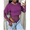 image:imageMakeMeChic Womens Floral Lace Tee Bodysuit Long Sleeve Crew Neck Sheer Leotard Tee TopsPurple