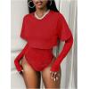 image:imageMakeMeChic Womens Floral Lace Tee Bodysuit Long Sleeve Crew Neck Sheer Leotard Tee TopsRed