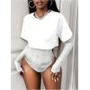image:imageMakeMeChic Womens Floral Lace Tee Bodysuit Long Sleeve Crew Neck Sheer Leotard Tee TopsWhite