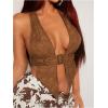 image:imageMakeMeChic Womens Halter Tops Cowboy Chic Studded Suede Tie Backless Fall Crop TopsBrown