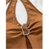 image:imageMakeMeChic Womens Halter Tops Cowboy Chic Studded Suede Tie Backless Fall Crop TopsCoffee Brown