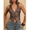 image:imageMakeMeChic Womens PU Leather Lace Up Halter Top Open Back Zip Up Fall Cowboy Chic Crop Tank TopsBrown