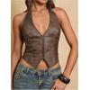 image:imageMakeMeChic Womens PU Leather Lace Up Halter Top Open Back Zip Up Fall Cowboy Chic Crop Tank TopsBrown